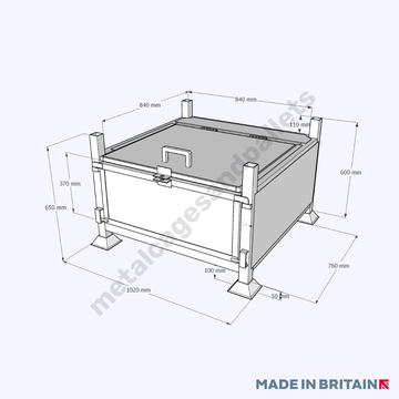 Technical drawing of Large Lockable Stillage with full drop front for quick and safe product storing